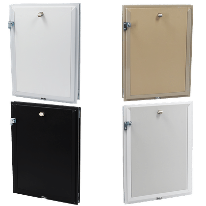 Hale Door Models in four frame colors with locking security covers for door, wall, screen, in-glass, and kennel installs